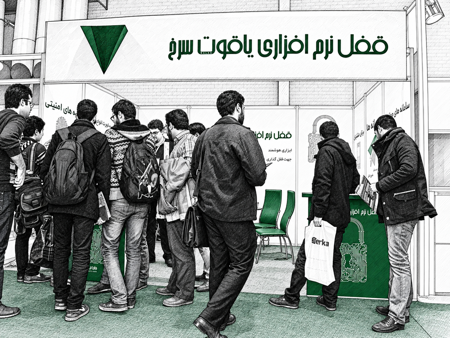 تصویرسازی قلم‌مرکب از گفت‌وگو با بازدیدکنندگان در غرفهٔ الکامپ ۱۳۹۳