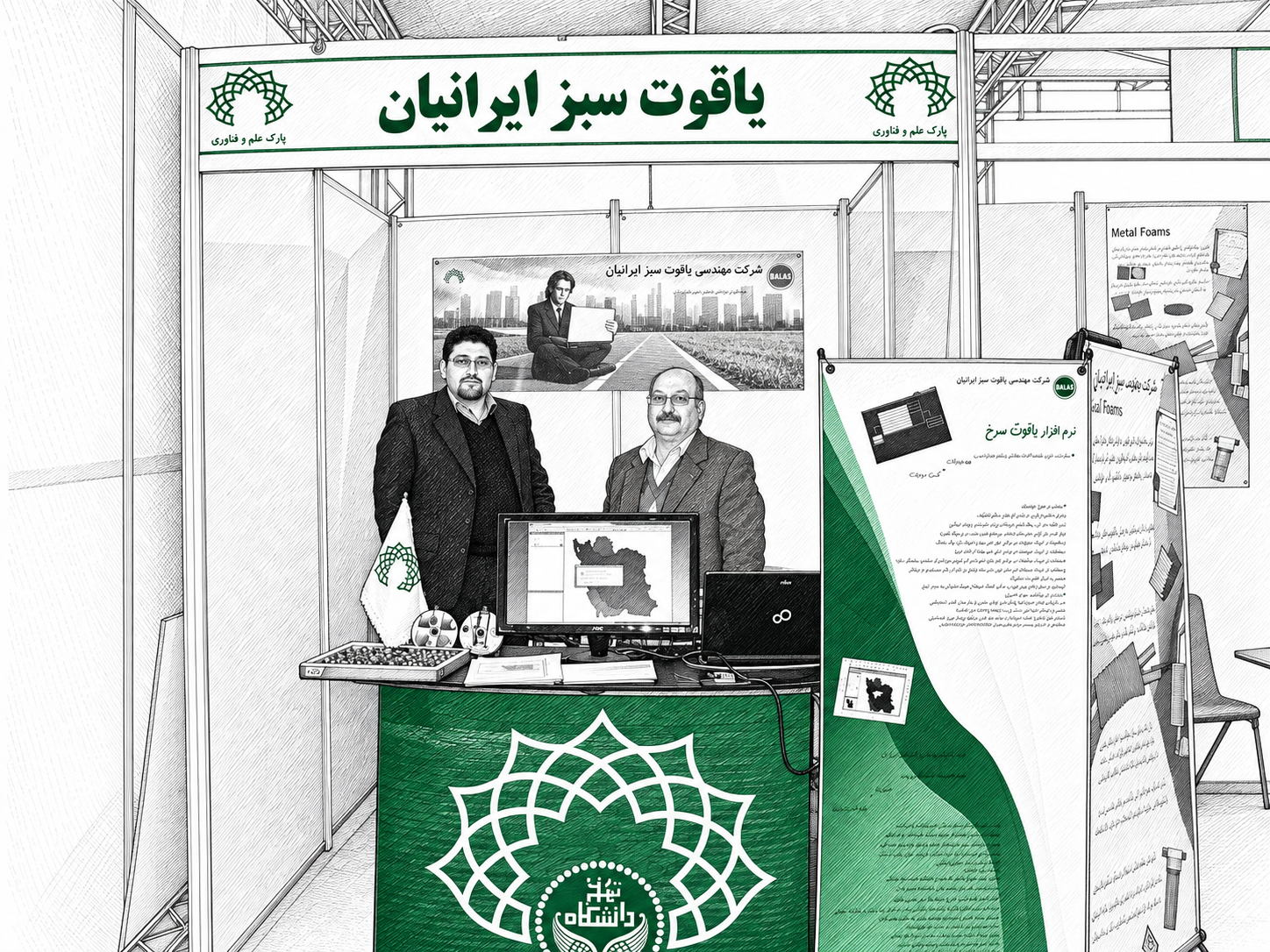 تصویرسازی قلم‌مرکب از غرفهٔ یاقوت سبز ایرانیان در یک رویداد تخصصی